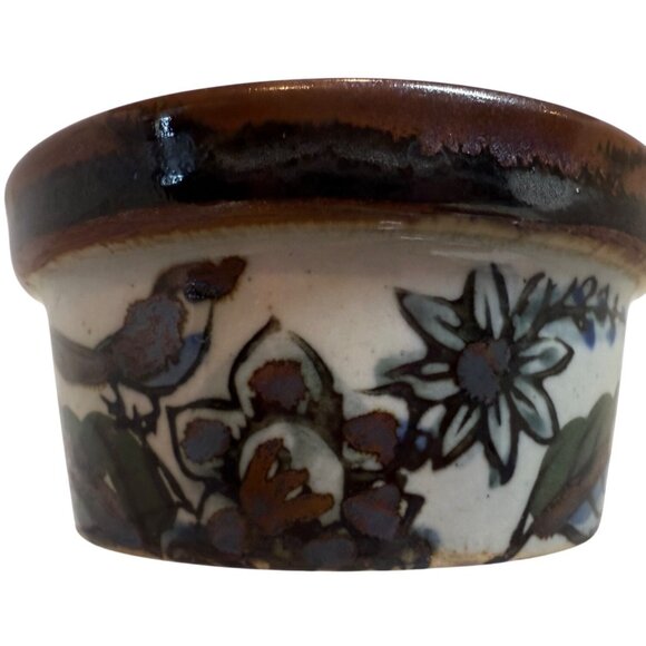 Vintage Hand-Painted Ceramic Bowl With Floral & Bird Motif Brown Rim Artisan Pot - Picture 1 of 8